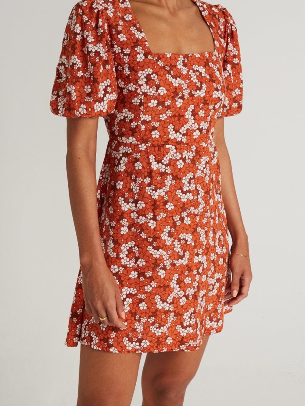Faithfull the Brand Orange Floral Square-Neck Mini Dress size M